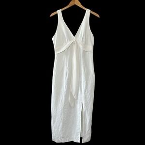 Vintage‎ Geraldine 100% Linen Midi Dress White Size 11 Tie Front Coastal Chic